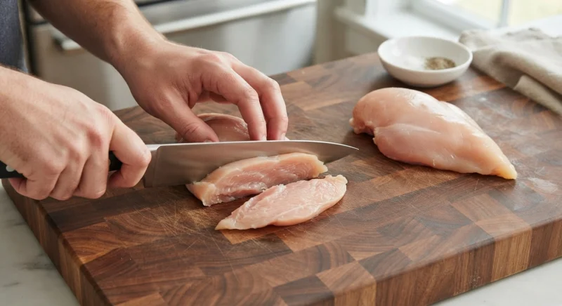 Chicken breast being sliced horizontally into thin cutlets