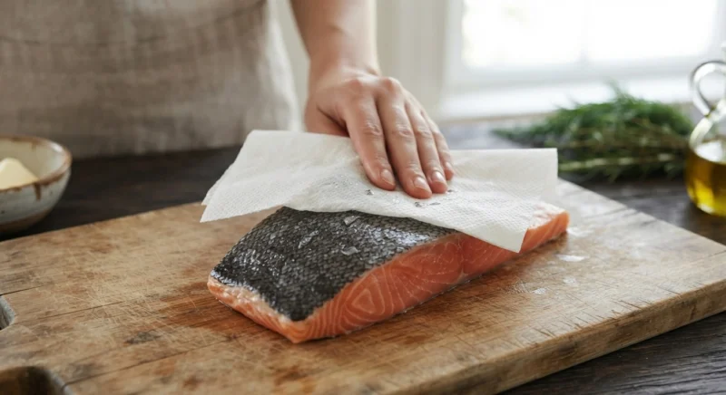 Drying salmon fillet before pan searing for crispy skin