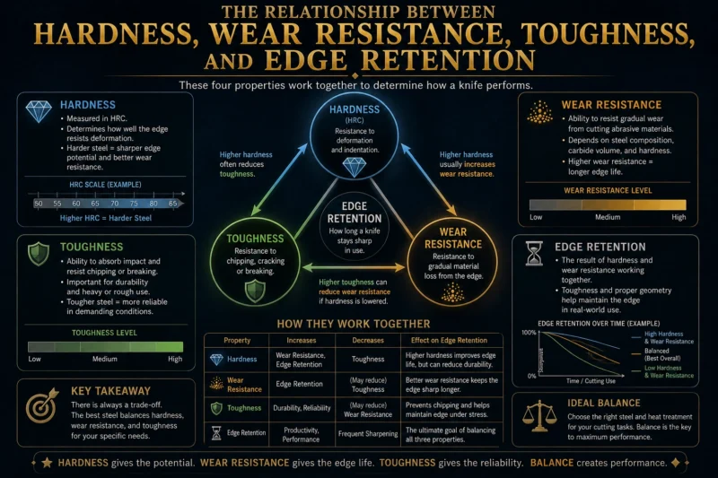 Relationship between hardness, wear resistance, toughness, and edge retention