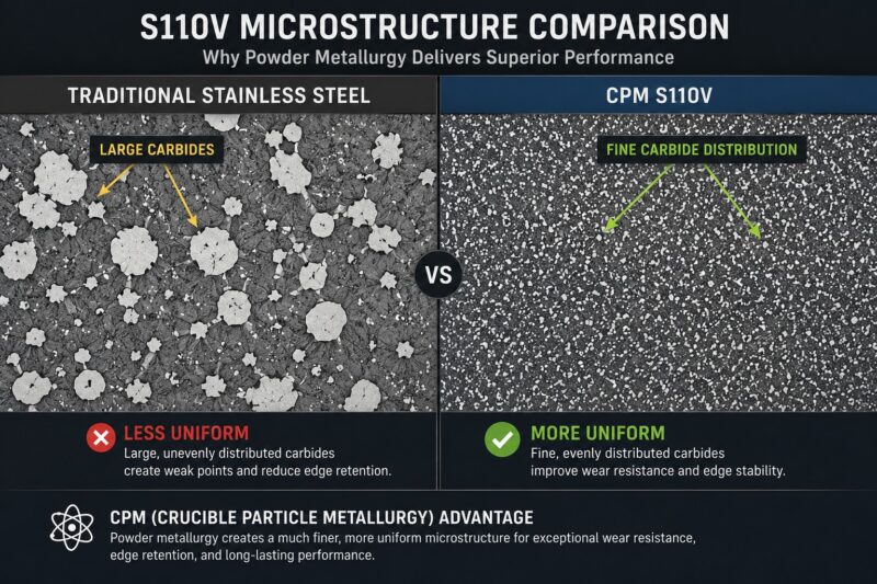 CPM S110V fine carbide structure compared to conventional stainless steel