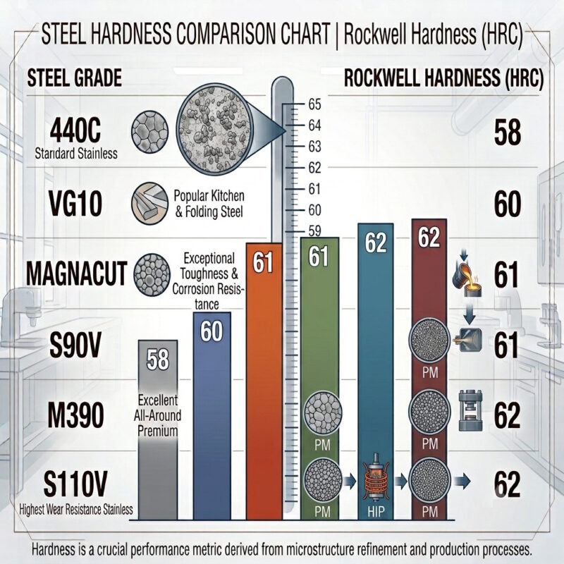 Hardness comparison between CPM S90V and other premium knife steels
