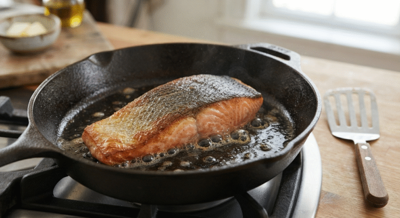 Salmon fillet cooking skin-side down in a hot skillet