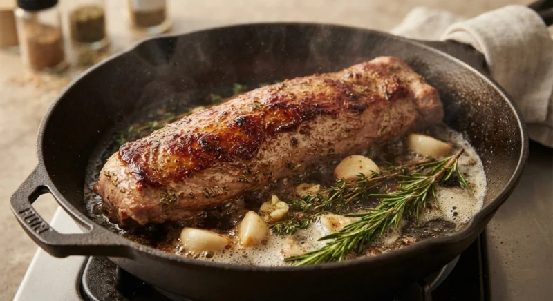Pork tenderloin searing in a skillet until golden brown