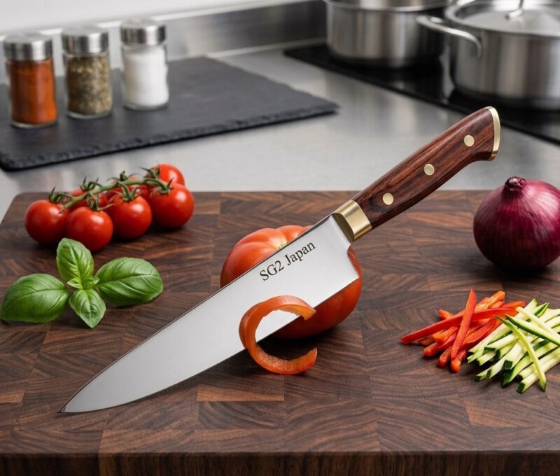 SG2 steel Japanese chef knife on a wooden cutting board