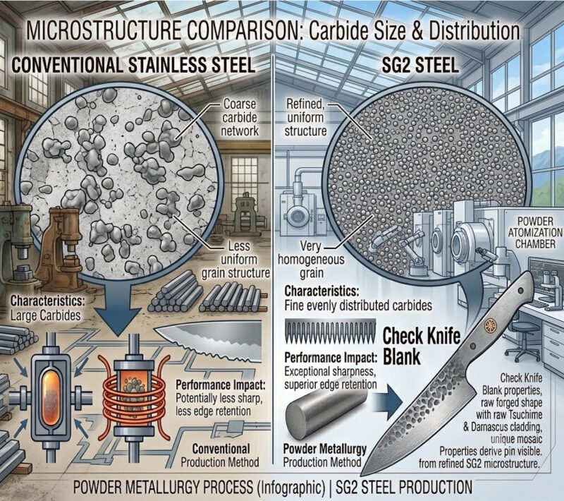 SG2 steel fine carbide structure compared with conventional stainless steel