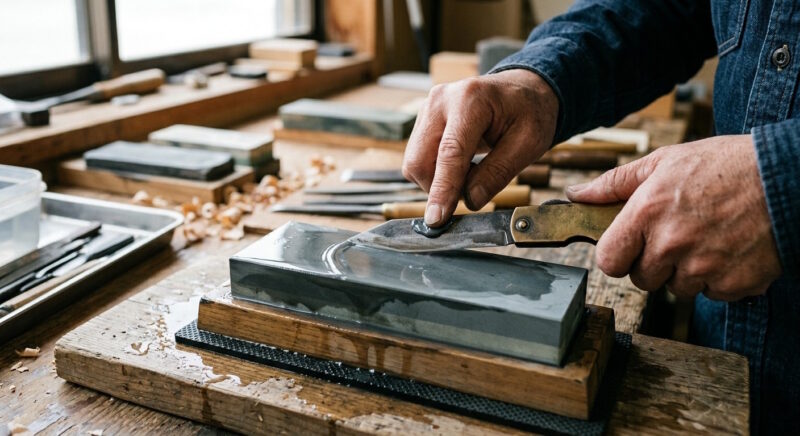 sharpening of folding knife on Japanese whetstone