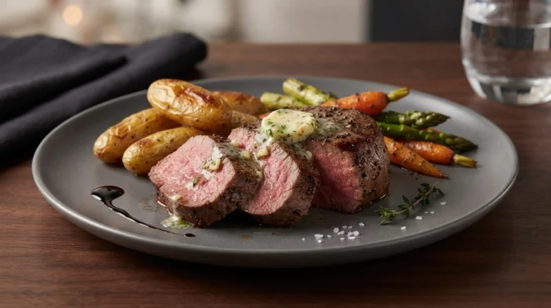 Sliced filet mignon with roasted potatoes or vegetables