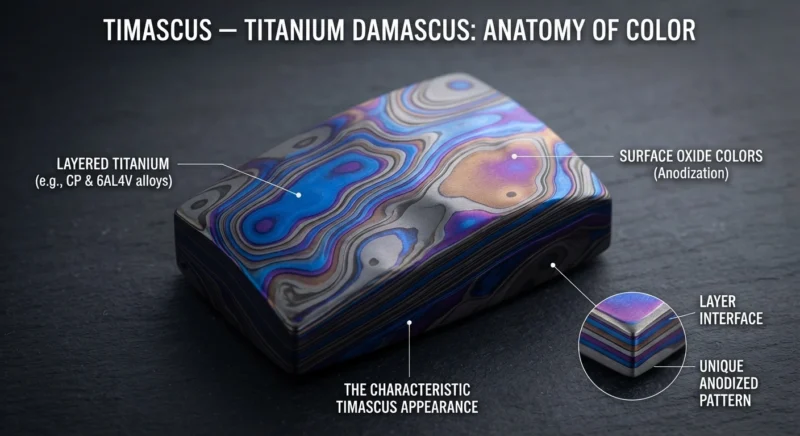 Timascus layered titanium showing blue purple and bronze oxide colors