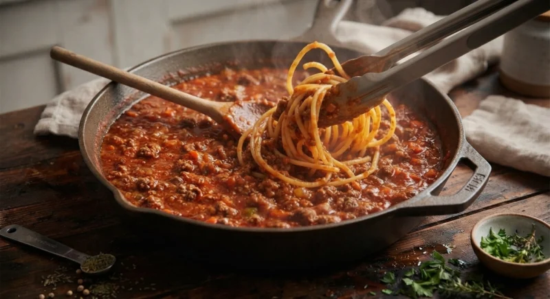 Spaghetti tossed with homemade Bolognese sauce in a skillet