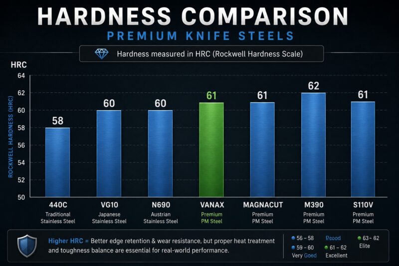 Hardness comparison of Vanax and premium knife steels