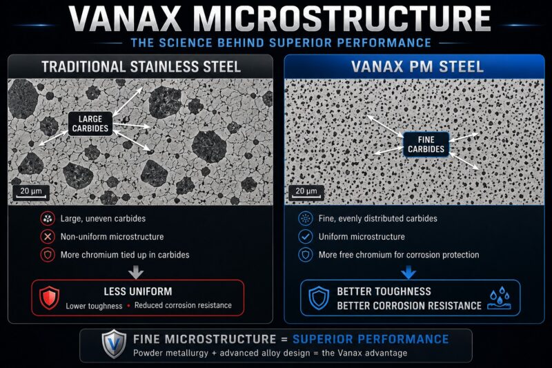 Vanax powder metallurgy microstructure compared to conventional stainless steel