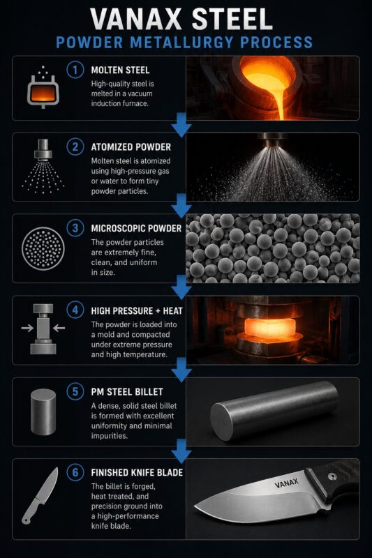 Powder metallurgy manufacturing process used for Vanax steel