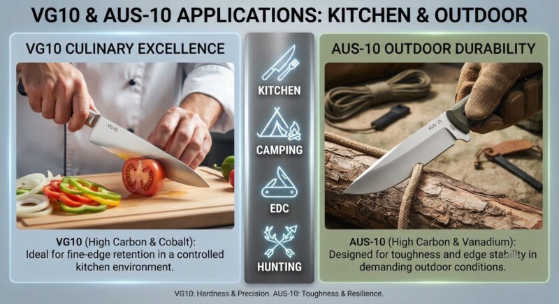 VG10 and AUS-10 kitchen and outdoor knife applications