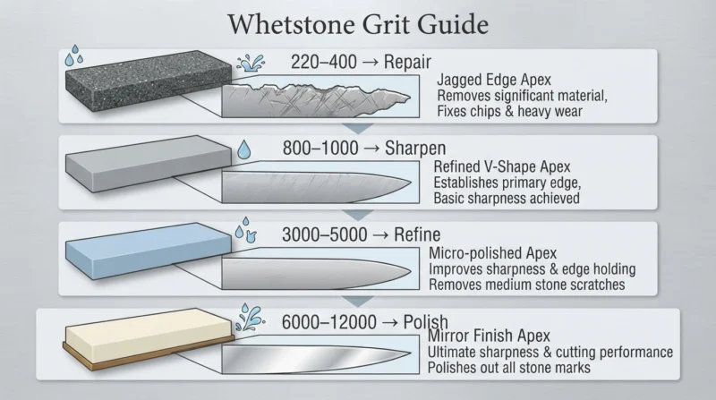 Whetstone grit progression for repairing, sharpening, refining, and polishing knives