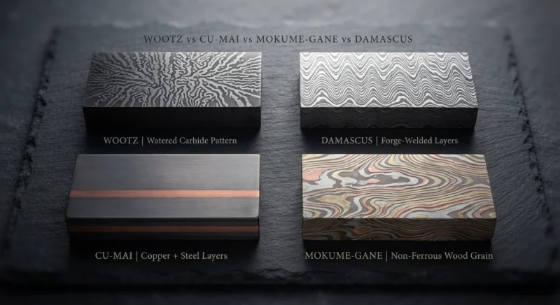 Wootz Cu-Mai mokume-gane and Damascus material comparison