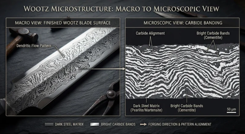Wootz steel surface pattern and underlying carbide band microstructure