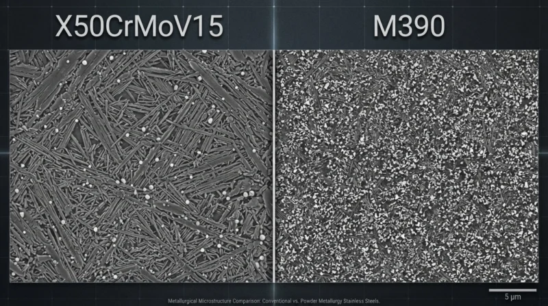 X50CrMoV15 and M390 carbide microstructure comparison
